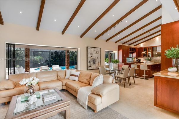 Dining room, Interior, Kitchen, Living room, Recessed Lighting, Wooden Beams