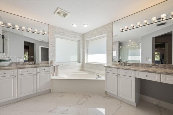 Bathroom, Dual Sink Vanities, Interior, Marble, Recessed Lighting