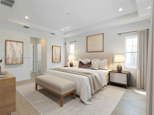 Bedroom, Interior, Recessed Lighting, Wood Texture Flooring