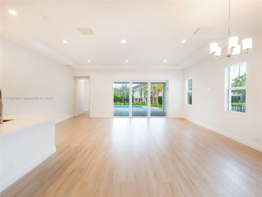 Chandelier, Empty room, Interior, Recessed Lighting, Wood Texture Flooring