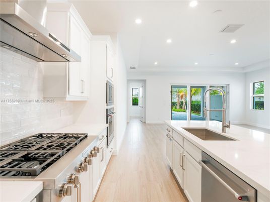 Interior, Kitchen, Recessed Lighting, Stainless Steel Appliances, Wood Texture Flooring