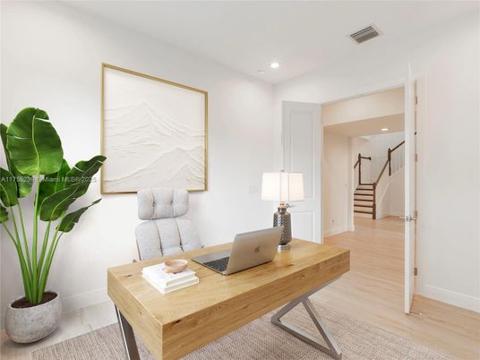 Home Office, Interior, Recessed Lighting, Wood Texture Flooring