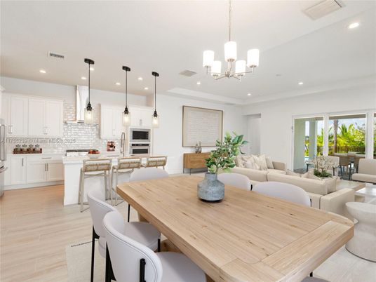 Chandelier, Dining room, Interior, Kitchen, Living room, Pendant Lights, Recessed Lighting, Wood Texture Flooring