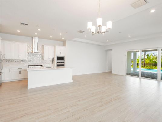 Chandelier, Interior, Kitchen, Recessed Lighting, Stainless Steel Appliances, Wood Texture Flooring