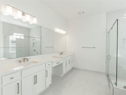 Bathroom, Dual Sink Vanities, Glass Shower, Interior, Marble, Marble Walls