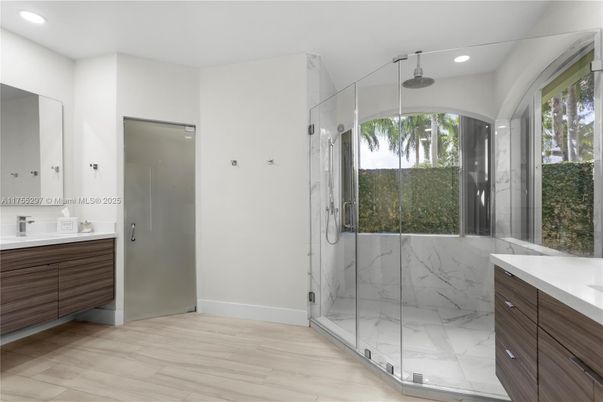Bathroom, Glass Shower, Interior, Marble, Marble Walls, Recessed Lighting, Wood Texture Flooring