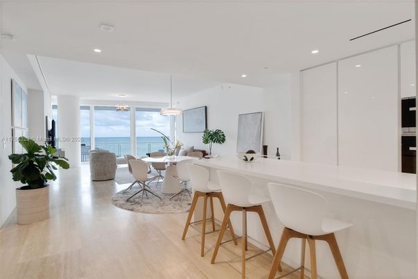 Dining room, Interior, Living room, Pendant Lights, Recessed Lighting, Water, Wood Texture Flooring