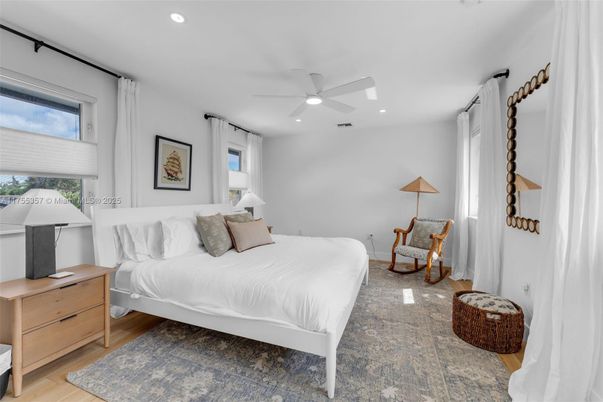 Bedroom, Interior, Recessed Lighting, Wood Texture Flooring