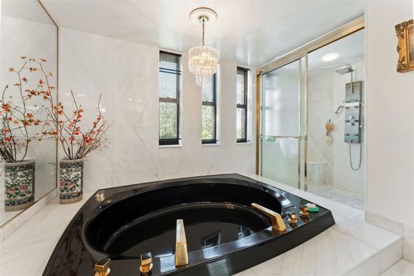 Bathroom, Chandelier, Glass Shower, Interior, Marble, Marble Walls