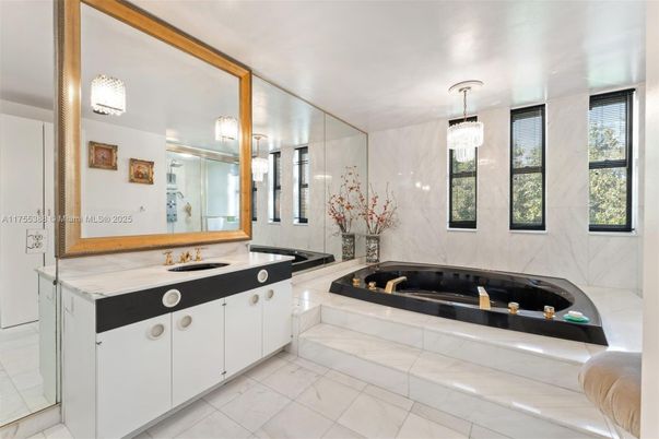 Bathroom, Dual Sink Vanities, Glass Shower, Interior, Marble Walls