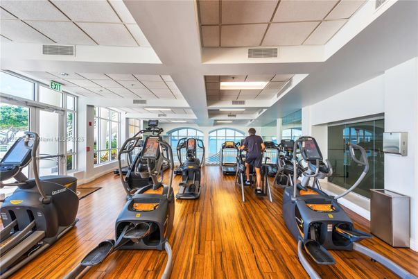 Fitness Equipment, Gym, Interior, Recessed Lighting, Wood Texture Flooring