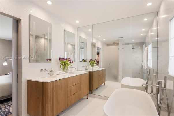 Bathroom, Dual Sink Vanities, Free Standing Baths, Glass Shower, Interior, Marble Walls, Recessed Lighting