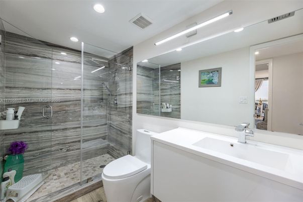 Bathroom, Glass Shower, Interior, Recessed Lighting, Wood Texture Flooring