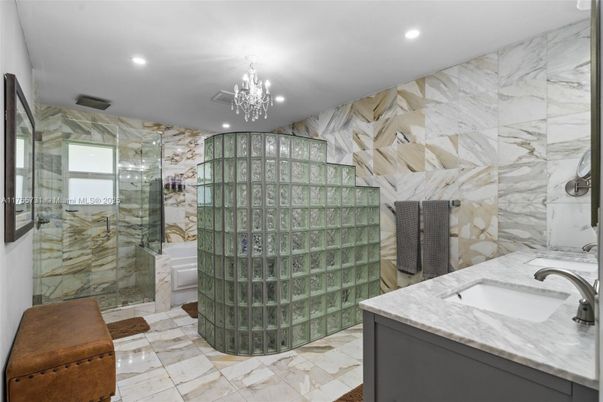 Bathroom, Glass Shower, Interior, Marble, Marble Walls, Recessed Lighting