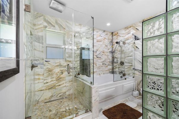 Bathroom, Glass Shower, Interior, Marble Walls, Recessed Lighting