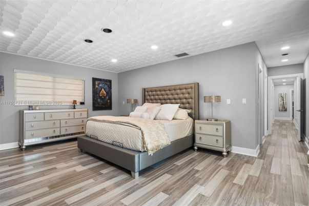 Bedroom, Interior, Recessed Lighting, Wood Texture Flooring