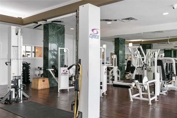 Fitness Equipment, Gym, Interior, Recessed Lighting, Wood Texture Flooring