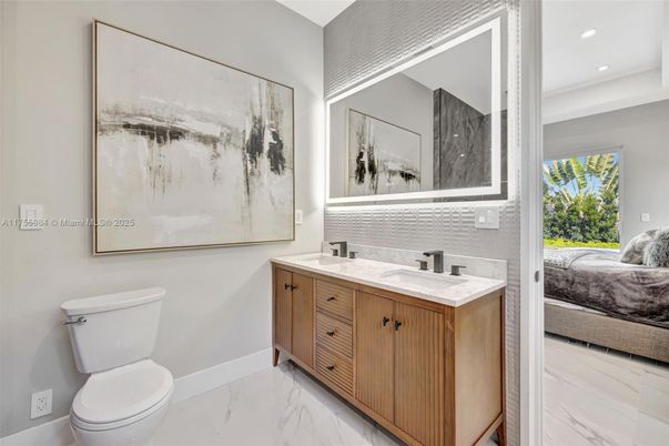 Bathroom, Dual Sink Vanities, Interior, Marble, Recessed Lighting