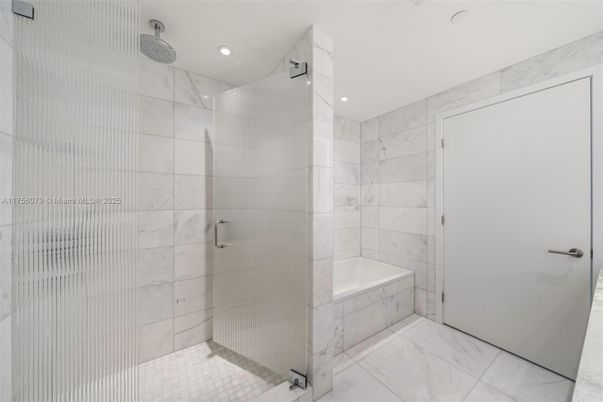 Bathroom, Glass Shower, Interior, Marble, Marble Walls, Recessed Lighting