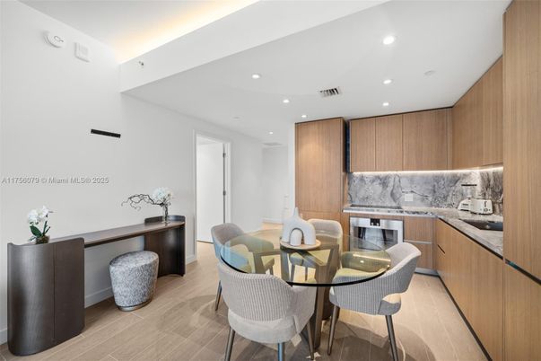 Dining room, Interior, Kitchen, Marble Walls, Recessed Lighting, Wood Texture Flooring