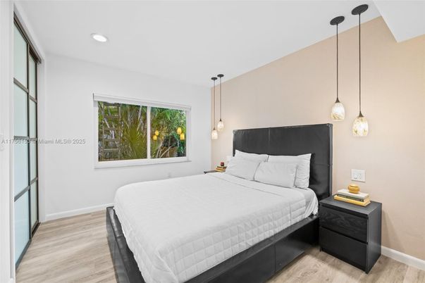 Bedroom, Interior, Pendant Lights, Recessed Lighting, Wood Texture Flooring