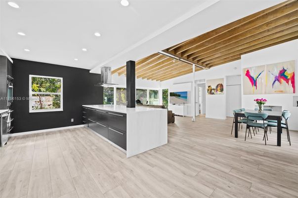 Dining room, Interior, Kitchen, Recessed Lighting, Wooden Ceilings, Wood Texture Flooring