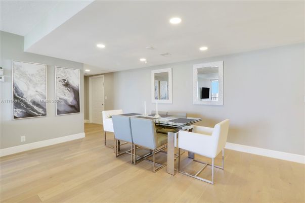 Dining room, Interior, Recessed Lighting, Wood Texture Flooring