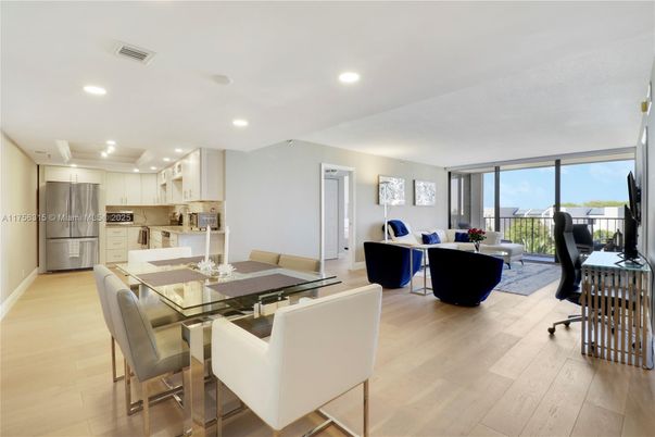 Dining room, Interior, Kitchen, Living room, Recessed Lighting, Stainless Steel Appliances, Wood Texture Flooring