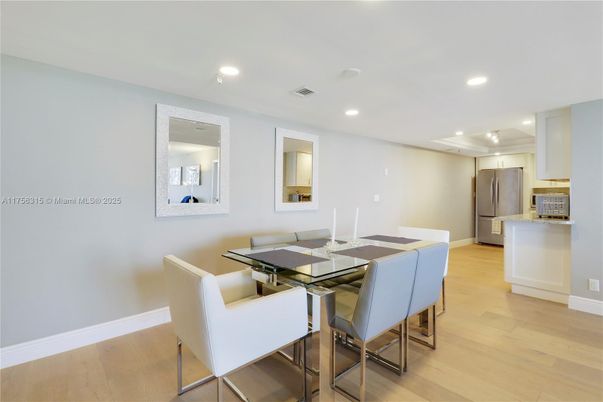 Dining room, Interior, Kitchen, Recessed Lighting, Stainless Steel Appliances, Wood Texture Flooring