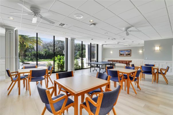 Dining room, Game Room, Interior, Recessed Lighting, Wood Texture Flooring