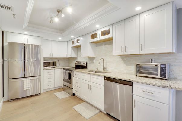 Interior, Kitchen, Recessed Lighting, Stainless Steel Appliances, Wood Texture Flooring