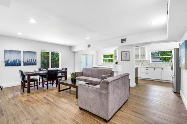 Dining room, Interior, Living room, Recessed Lighting, Wood Texture Flooring