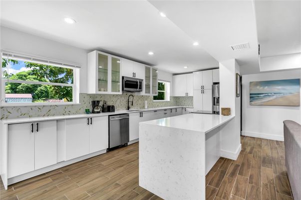 Interior, Kitchen, Recessed Lighting, Stainless Steel Appliances, Wood Texture Flooring