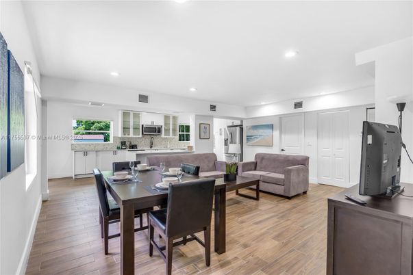 Dining room, Interior, Kitchen, Living room, Recessed Lighting, Wood Texture Flooring