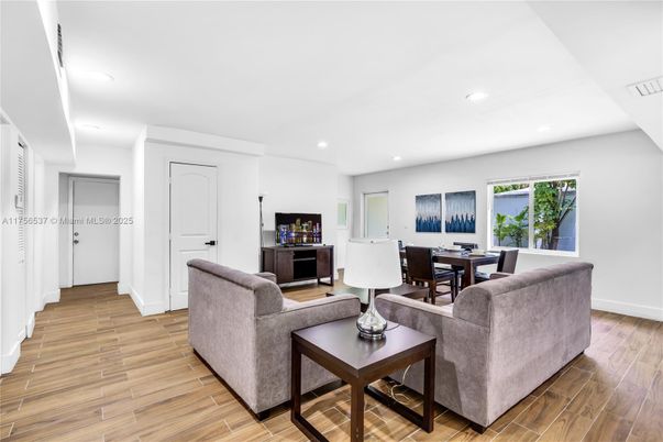 Dining room, Interior, Living room, Recessed Lighting, Wood Texture Flooring