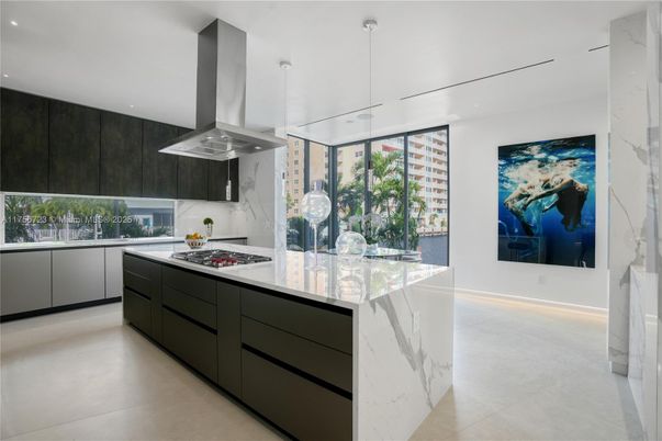 Interior, Kitchen, Marble Walls, Pendant Lights, Recessed Lighting