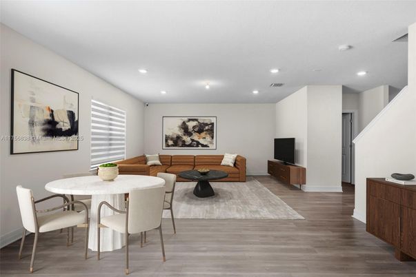 Dining room, Interior, Living room, Recessed Lighting, Wood Texture Flooring
