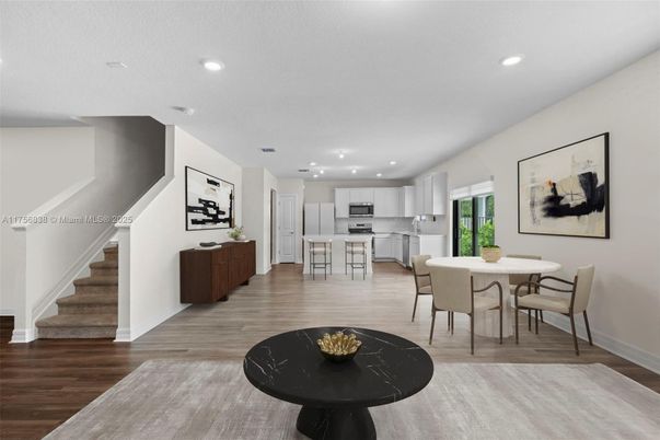 Dining room, Interior, Kitchen, Recessed Lighting, Stainless Steel Appliances, Wood Texture Flooring
