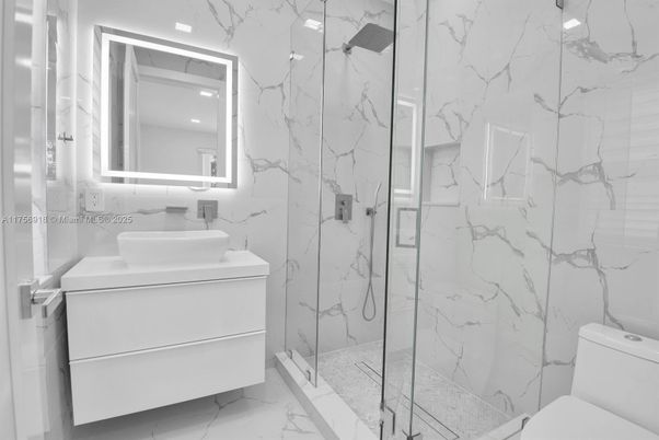 Bathroom, Glass Shower, Interior, Marble, Marble Walls, Recessed Lighting