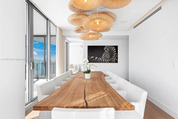 Dining room, Interior, Recessed Lighting, Wood Texture Flooring