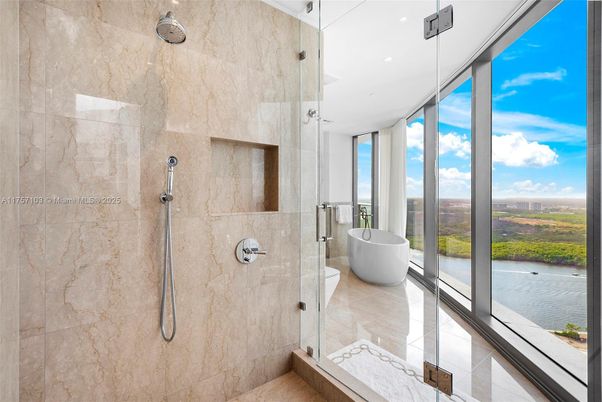 Bathroom, Free Standing Baths, Glass Shower, Interior, Recessed Lighting
