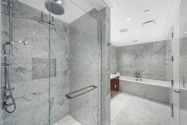 Bathroom, Glass Shower, Interior, Marble Walls, Recessed Lighting