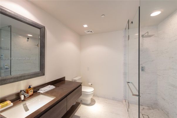 Bathroom, Glass Shower, Interior, Marble, Marble Walls, Recessed Lighting