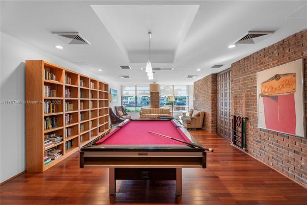 Billiard Table, Game Room, Interior, Pendant Lights, Recessed Lighting, Stone Walls, Wood Texture Flooring