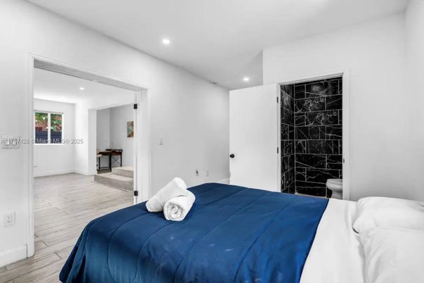 Bedroom, Interior, Marble Walls, Recessed Lighting, Wood Texture Flooring