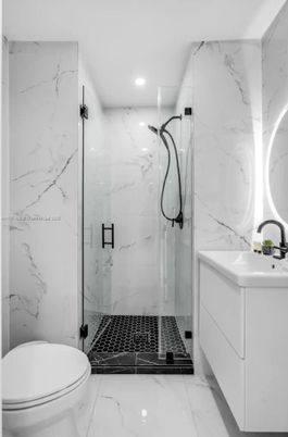 Bathroom, Glass Shower, Interior, Marble, Marble Walls, Recessed Lighting