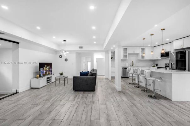 Interior, Kitchen, Living room, Pendant Lights, Recessed Lighting, Stainless Steel Appliances, Wood Texture Flooring