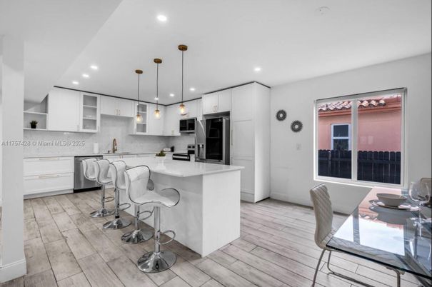 Interior, Kitchen, Pendant Lights, Recessed Lighting, Stainless Steel Appliances, Wood Texture Flooring