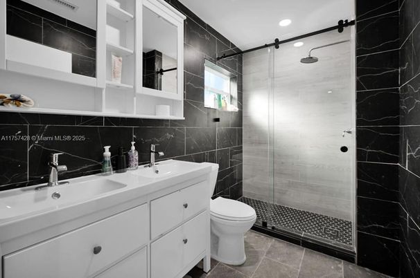 Bathroom, Glass Shower, Interior, Marble Walls, Recessed Lighting