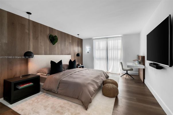 Bedroom, Home Office, Interior, Pendant Lights, Wood Texture Flooring, Wooden Walls